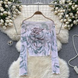 Women's T Shirts Long Sleeve White Mesh Printed T-shirt For Autumn Summer Sexy Off The Shoulder See Through Slim Fitting Coat Top