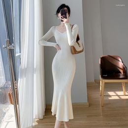 Casual Dresses Elegant Solid Basic Wrapped Hip Sweater For Women 2023 Spring Autumn Chic Fishtail Knitted Slim Bodycon Bottoming Dress