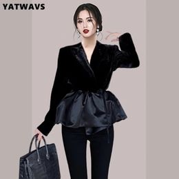 Women's Jackets Fashion Slim Velvet Jacket Coat Women Spring Design Long Sleeve Lace Up Splicing Ruffle Ladies Solid Color Top 231010