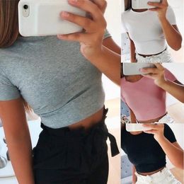 Women's T Shirts Summer Women Fashion Crop Top Shirt Solid Color O-Neck Short Sleeve T-shirt Casual Tees Basic Black White Sport Femme