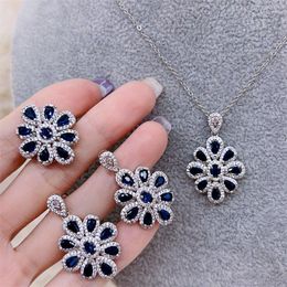 Necklace Earrings Set Luxury Navy Blue Floral Zirconia Necklace/Earrings/Pendant Three Piece Jewellery For Women Engagement Fashion