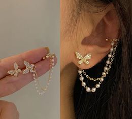 Korean Elegant Cute Rhinestone Butterfly Clip Earrings For Women Girls Fashion Tassel Asymmetric Chain Ear Cuff Jewelry Gifts Wholesale YME106