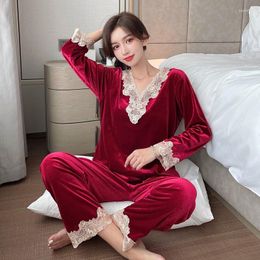 Women's Sleepwear V-neck 2pcs Women Lace Velour Pyjamas Set Spring Sleep Sets Female Shirt&pants Home Wear Long Sleeve Pyjamas Suit