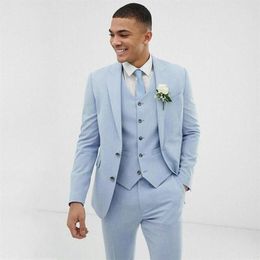 Light Blue Wedding Men Suits Slim Fit Linen Tuxedos Groom Wear Terno 3 PiecesJacket Pants Vest Bridegroom Blazer Costume Homme M341E