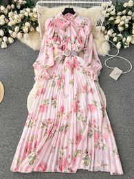 Casual Dresses Women Autumn Dress Korean Version Dropping 2023 Heavy Duty Pleated Long Printed Chiffon Skirt Sweet Holiday D5000
