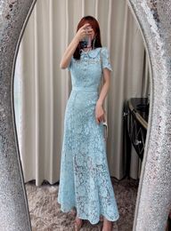 Self Portrait Mist Blue Doll Neck Bow Lace Waist Dress