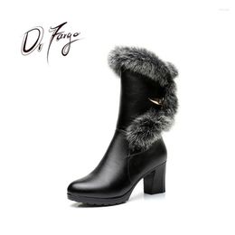 Boots DRFARGO Shoes Women Fur Top Genuine Leather Winter Snow Plush Zipper Round Toe 7cm Square High Heels Platform