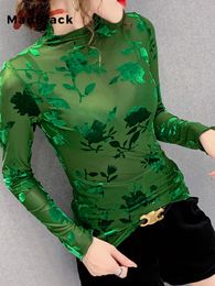 Women's Knits Tees Black Green See Through T Shirt Floral Sexy Mesh T-shirt Female Turtleneck Casual Tee Shirt Femme Fashion Tight Top S-3X T31523X 231011