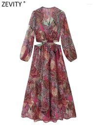 Casual Dresses Zevity Women Vintage V Neck Paisley Flower Print Waist Cut Off Chiffon Midi Dress Female Chic Long Sleeve Court Vestidos