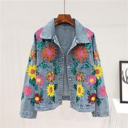 Women's Jackets Spring Denim Jacket Women Sequins Floral Embroidery Long Sleeve Coat Female Sun Flower Loose Jeans Tide H532216j