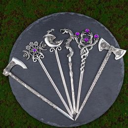 Hair Clips & Barrettes Ethic Dragon Hairsticks Silver Axe Sword Accessories Witch Snake Triple Moon Pentagram Hairpin StickHair182c