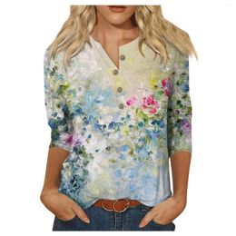 Women's T Shirts Tees Fashion Oil Painting Printing Tops Three Quarter Sleeve Button Collar Casual Female T-Shirt Graphic Blouse
