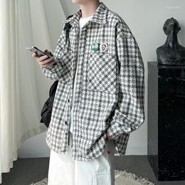 Men's Casual Shirts Vintage Houndstooth Pattern Men Baggy Coats Trendy Brand Single Breasted Blouses Medal Decorate Male Long Sleeved