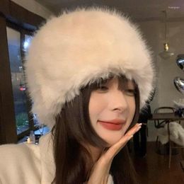 Berets Women's Hat Winter Autumn Women Cute Solid Color Fluffy Fake Faux Fur Thick Y2K Warm Beanies E-Girls Empty Top Cap Headscarf