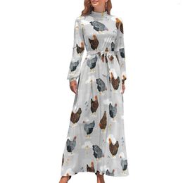 Casual Dresses Chicken Art Dress High Neck Cute Hen Print Graphic Boho Beach Long Sleeve Street Fashion Maxi Party Clothes