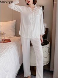 Women's Sleepwear Pyjama Sets Women Autumn Lace Design Comfortable Classic Solid Daily Home Elegant V-neck Sweet Fashion Korean Style Ladies