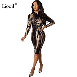 Black and Gold Sequin Dress Mesh Bodycon Midi Sexy Club Outfits 2020 Long Sleeve See Through Tight Dresses Woman Party Night MX2002728