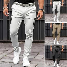 Men's Pants Slim Fit Men Stylish Zipper Decor Pencil Soft Breathable Mid Waist Joggers With Button For Solid