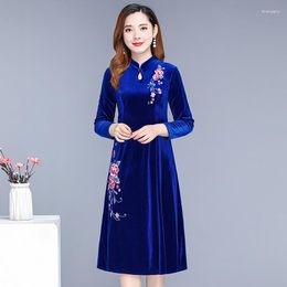 Casual Dresses Evening Party Dress Elegant Women's Gold Velvet Cheongsam Retro Embroidered Spring And Autumn Purple