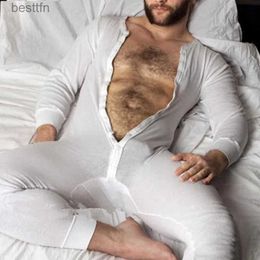 Men's Sleepwear 2022 Men Pajamas Jumpsuit Solid Color Comfort Button Onesies Homewear Long Sleeve Leisure Sleepwear Men Rompers NightwearL231011