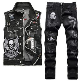 2022 Tracksuits Black Skull Embroidered Men's Two Piece Jeans Sets Fashion Casual Lapel Denim Vest and Ripped Hole Pants Punk341m