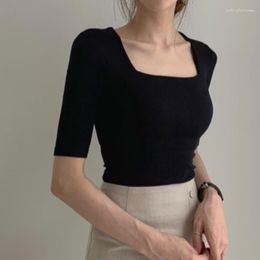 Women's T Shirts Square Neck Sexy Slim Knit Tshirt 2023 Fashion Elegant Casual Thin Shirt Korean Style Women Tops Vintage Female Clothes