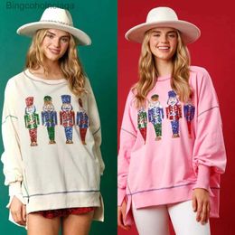 Women's Hoodies Sweatshirts Women'S Christmas Pink Nutcracker Sweatshirt 2023 New Sequins Washed Versatile Crew Neck Top Sweatshirt SweaterL231011