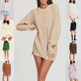 Women's T Shirts 2023 Autumn Knitwear T-shirt Fashion Solid Colour Loose Sweater Women Long Sleeve O-Neck Pullover Dress