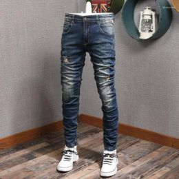 Men's Jeans Autumn Blue Ripped Fashion Casual Straight Slim Fit Pants Cotton Spliced Denim Trousers