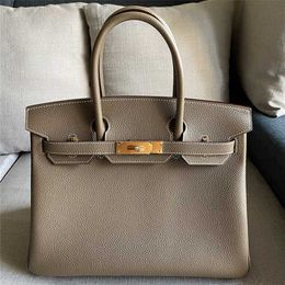 Sewn Designer Handbag Bag 30cm Lychee Patterned Top Layer Togo Calf Leather Tote Bag Elephant Grey Portable Bag