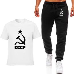 Men's T-shirt Russian USSR Soviet Union Summer Casual Cotton Short Sleeve Round Neck Men's T-shirt pants 2 piece suit280F