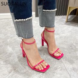 Slippers SUOJIALUN Summer N Band Women Sandals Shoes Thin High Heel Square Toe Ladies Ankle Buckle Strap Sexy Dress Pumps S 231010