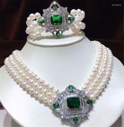 Necklace Earrings Set HABITOO Lustre 3 Row 9-10mm Natural White Cultured Freshwater Pearl Green Ruby Cubic Zircon Square ACC Bracelet