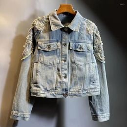 Women's Jackets 2023 Spring Autumn Korean Heavy Beads Rhinestone Fashion All-Match Long Sleeve Jean Jacket Cropped Denim Coat For Women