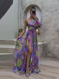 Casual Dresses Elegant Pleated Flower Print Dress Women Fashion One Shoulder Sleeve Waisted Long Robes Vestidos Lady Evening Party