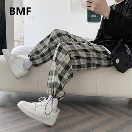 Men's Pants Korean Style Loose Drawstring Plaid Plus Size Kpop Clothes 2021 Ulzzang Fashion Joggers Men Clothing Casual Sweat283S