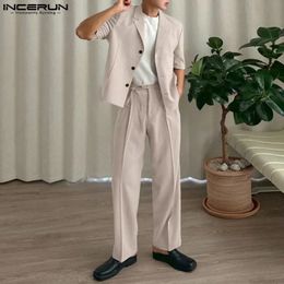 Men's Tracksuits INCERUN 2023 Men Sets Solid Colour Autumn Streetwear Lapel Short Sleeve Blazer Pants 2PCS Korean Fashion Casual Suits S5XL 231011