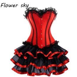 Corset lace Skirt Sexy Women Corset and Bustier Burlesque Party dress Gothic Dress Sexy Lace Waist Trainer Red Set3297