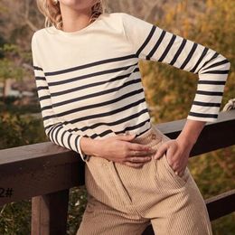 Women's Knits Tees EMBELLIKE Marine Crew Neck Striped T Shirt Women Long Sleeve Combed Cotton Tops Tees Regular Fit S-XL 231011