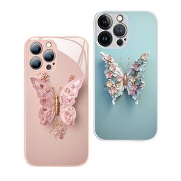 Butterfly Cell Phone Cases For IPhone 15 Promax 14 13 12 Plus Glass Mirror Anti-friction Anti-fingerprint Lanyard Hard Luxury Protective Full Cover With Wrist Band