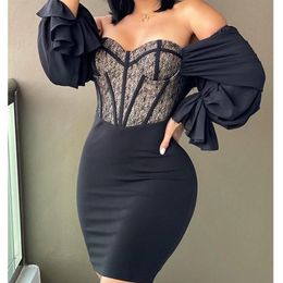 Casual Dresses Mandylandy Low Cut Black Bodycon Dress Sexy Tube Top Women Slash Collar Lace Long Sleeve Tight High Waist187m