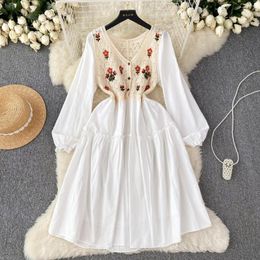 Casual Dresses Retro Elegant Embroidery Patchwork V Neck Knit Dress A-line Flare Long Sleeve High Waist Women Autumn