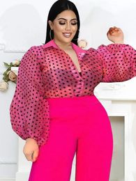 Women's Blouses Shirts Plus Size Tops Rose Turn Down Collar Long Puff Sleeve See Through Organza Polka Dot Blouse Office Lady Evening Party Shirts Top 231011