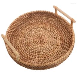 Storage Baskets Rattan Bread Basket Round Woven Tea Tray With Handles For Serving Dinner Parties Coffee Breakfast (8.7 Inches)