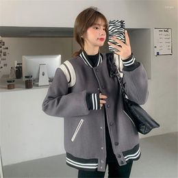 Women's Jackets Coats Contrast Stripe O-Neck Single Breasted Baseball Coat Trend Loose Casual Versatile Long Sleeve Lady's Clothing