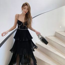 Self Portrait Chiffon Pleated Long Dress Cake Dress Sexy Strap Dress Black Bluess