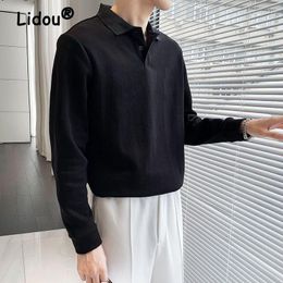 Men's Polos Men Korean Fashion Black White Long Sleeve Casual Loose Polo T Shirt Spring Autumn Button Turn Down Collar Tops Ropa Hombre 4XL