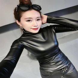 New women's winter warm turtleneck long sleeve bodycon tunic PU leather plus velvet inside shirt tops plus size S M L XL XXL 261d