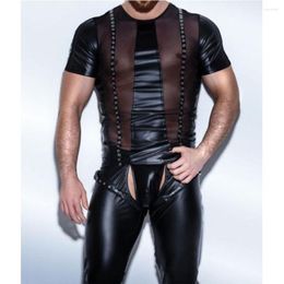 Men's T Shirts PU Leather Men Undershirts Sexy Fitness Tops Gay T-shirt Tees Mens Stage O-Neck Casual Clothes