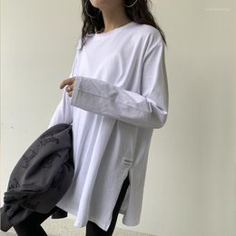 Women's T Shirts Harajuku Long Sleeve Solid Thin T-shirts Simple Side Split Bottoming White Black Shirt Female Korean Women Y2k Tops
